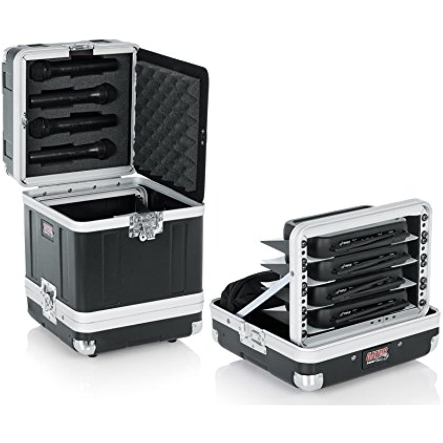 Gator Cases Microphone Hard Case; Holds (4) Wireless Microphone Systems with Half Rack Shelves and Storage for (4) Handheld Recievers (GM-4WR)