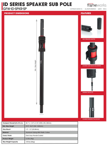 Gator Frameworks ID series Speaker Subwoofer Stand with Lift Assist. Fits Standard Sub Pole Mount with Adapter for M20 Threaded Mounts; 37"/57" Min/Max Height (GFW-ID-SPKR-SP)