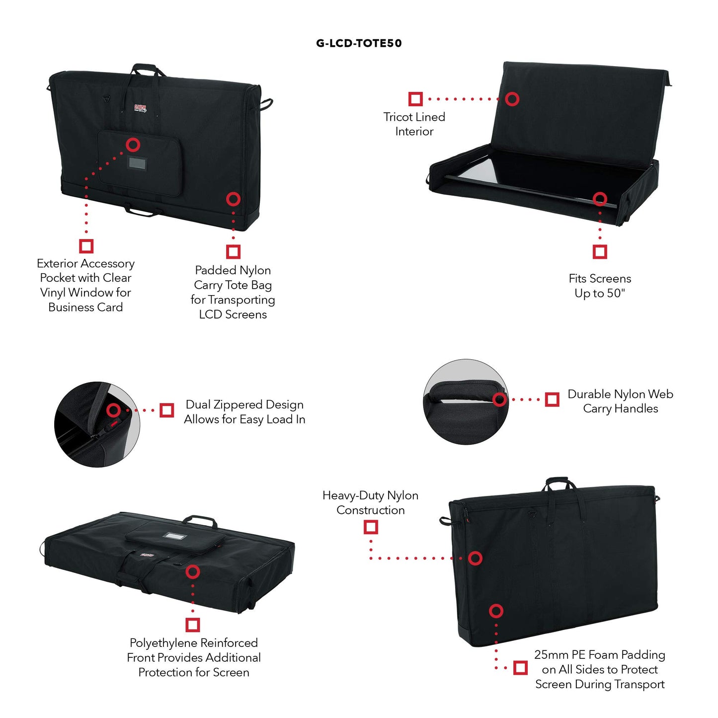 Gator Cases Padded Nylon Carry Tote Bag for Transporting LCD Screens, Monitors and TVs; Fits 50" Screens (G-LCD-TOTE50)