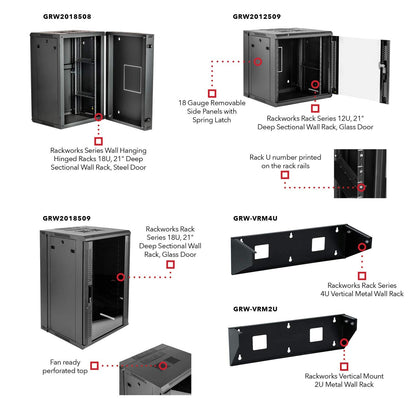 Gator Rackworks Sectional Wall Rack with Steel Door; 12U with 21" Rackable Depth (GRW2012508)