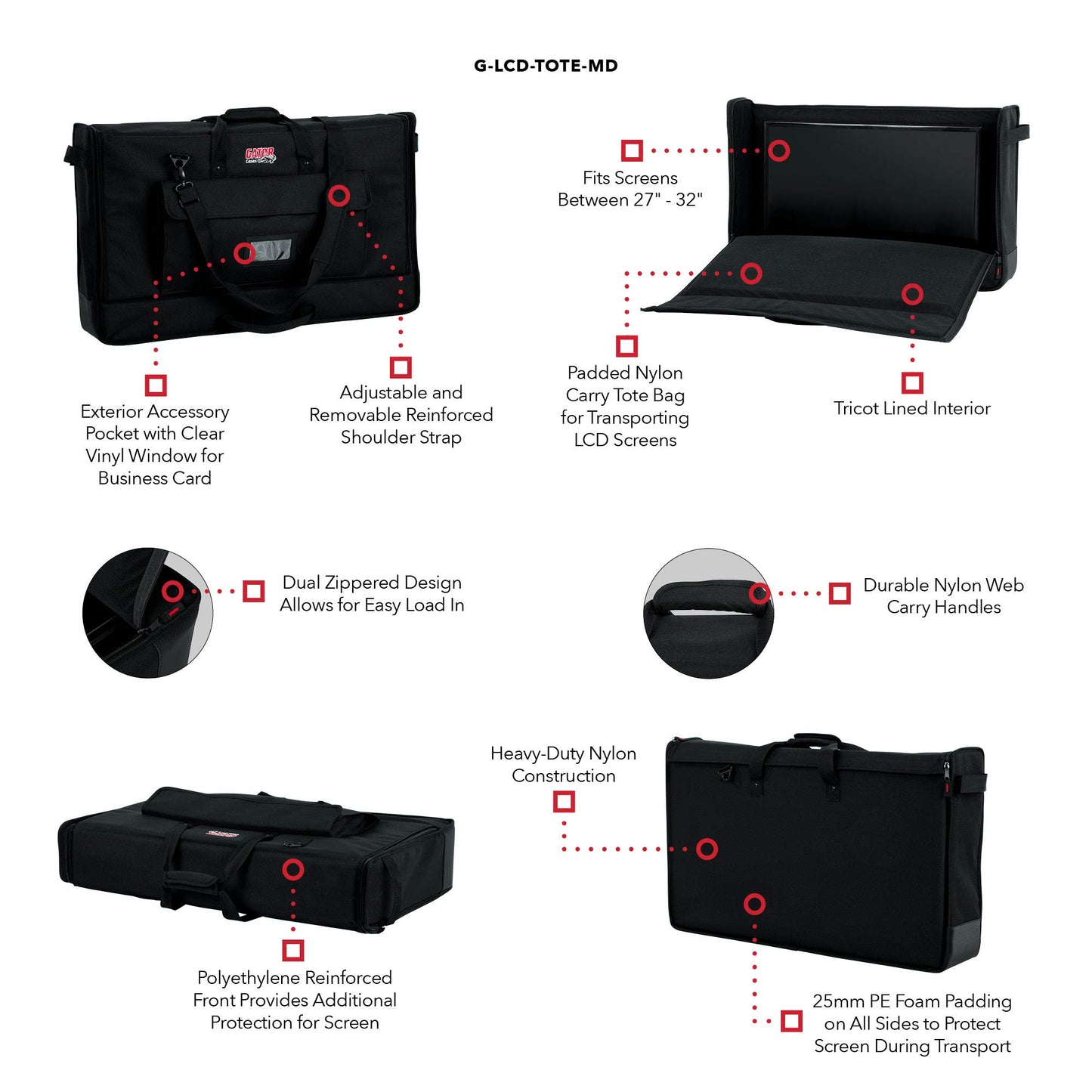 Gator Cases Padded Nylon Carry Tote Bag for Transporting LCD Screens, Monitors and TVs Between 27" - 32"; (G-LCD-TOTE-MD)