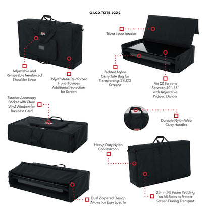 Gator Padded Nylon Dual Carry Tote Bag for Transporting (2) LCD Screens, Monitors and TVs Between 40" - 45"; (G-LCD-TOTE-LGX2)