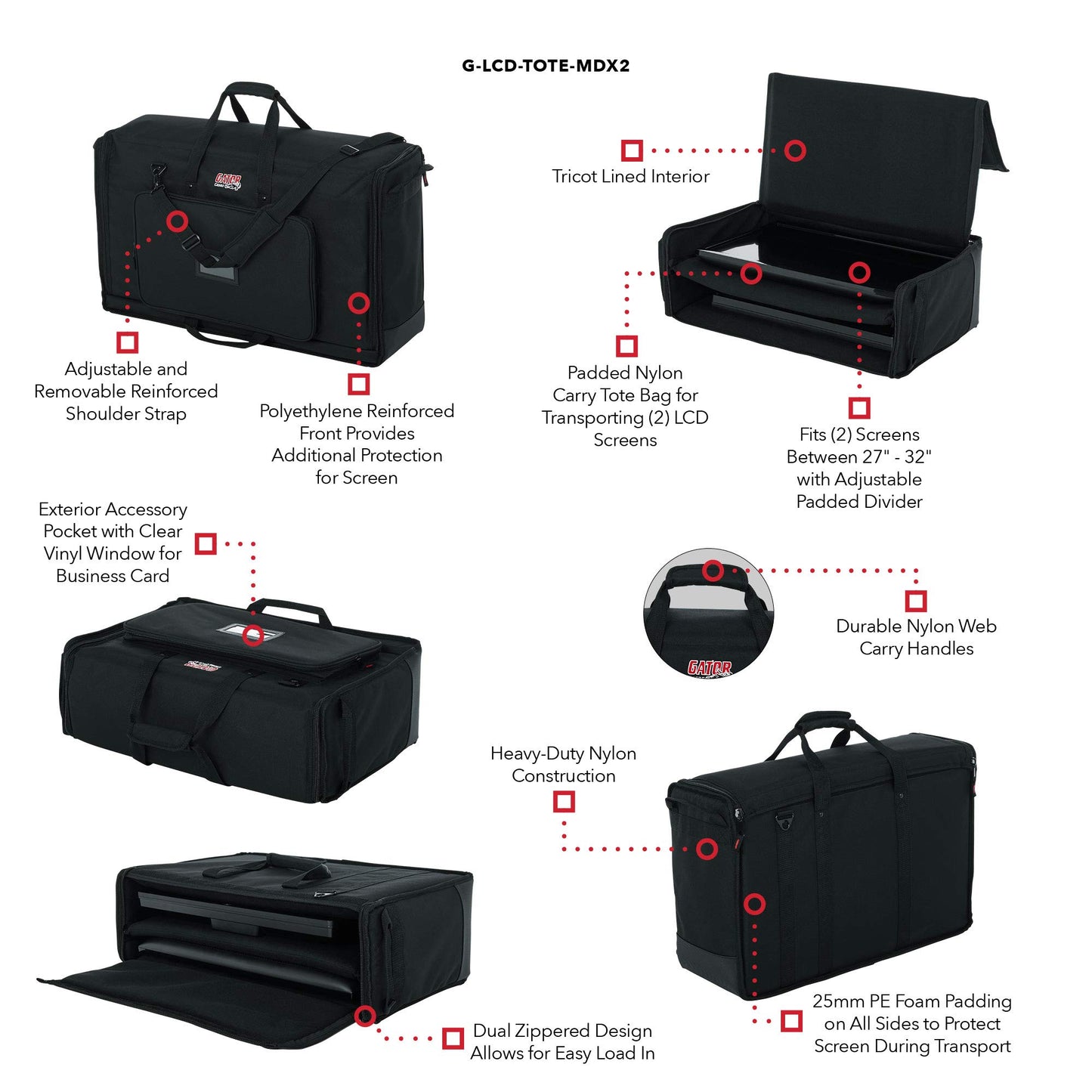 Gator Cases Padded Nylon Dual Carry Tote Bag for Transporting (2) LCD Screens, Monitors and TVs Between 27" - 32"; (G-LCD-TOTE-MDX2)