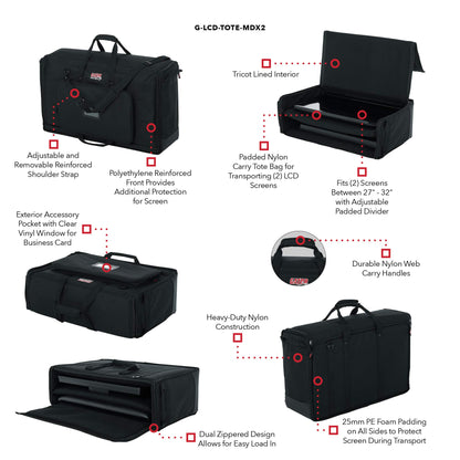 Gator Cases Padded Nylon Dual Carry Tote Bag for Transporting (2) LCD Screens, Monitors and TVs Between 27" - 32"; (G-LCD-TOTE-MDX2)