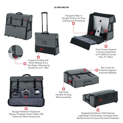 Gator Cases Creative Pro Series Nylon Carry Tote Bag for Apple 21.5" iMac Desktop Computer with Pull Handle and Wheels (G-CPR-IM21W)