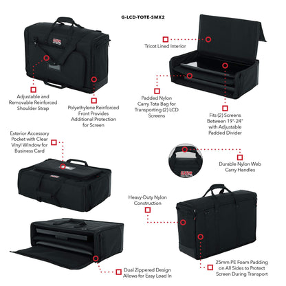 Gator Cases Padded Nylon Dual Carry Tote Bag for Transporting (2) LCD Screens, Monitors and TVs Between 19" - 24"; (G-LCD-TOTE-SMX2)