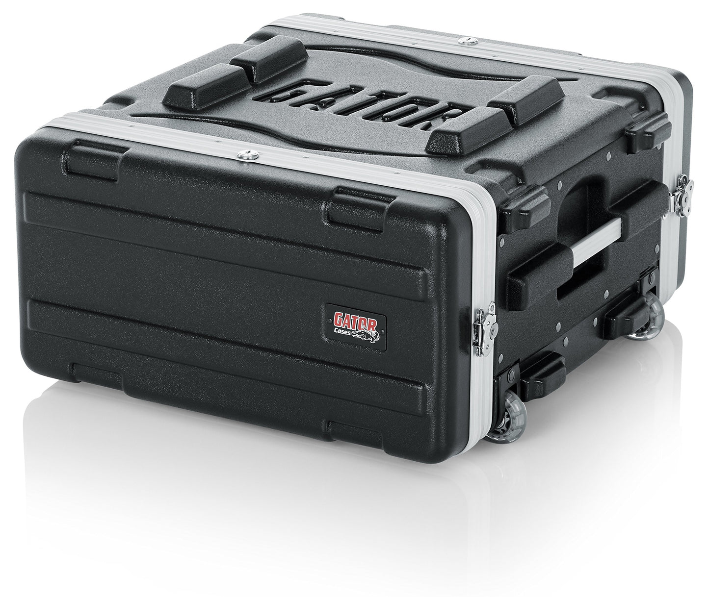 Gator Cases Lightweight Molded 4U Rack Case with Built-in Power Supply, Heavy Duty Latches, Retractable Tow Handle, and Recessed Wheels; 19.25" depth (GRR-4PL-US)