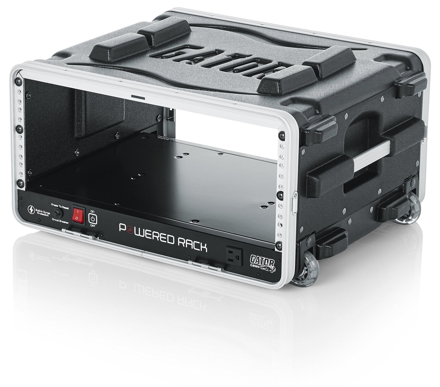 Gator Cases Lightweight Molded 4U Rack Case with Built-in Power Supply, Heavy Duty Latches, Retractable Tow Handle, and Recessed Wheels; 19.25" depth (GRR-4PL-US)