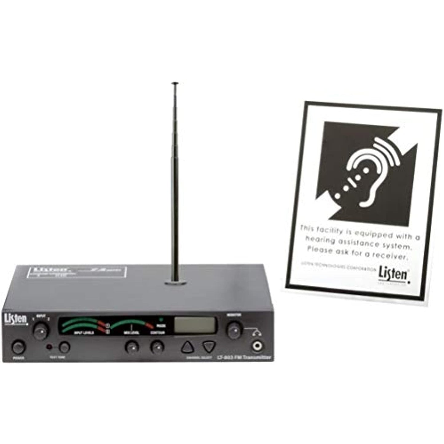 Listen Technologies LT-803-072-P1 Stationary 3-Channel RF Transmitter Package 1 (72 MHz); Includes LT-803 Transmitter, LA-106 Antenna, and The LA-304 Signage Kit