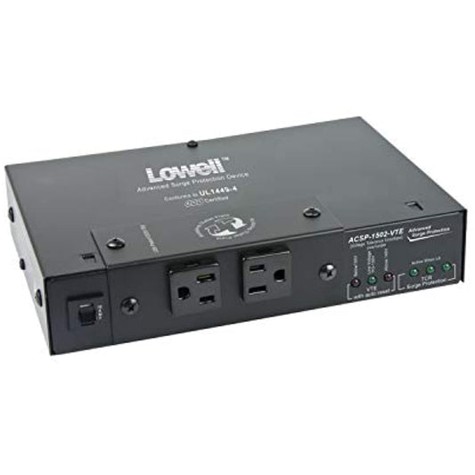 Lowell ACSP-1502-VTE Compact Surge Suppressor-15A, 2 Outlets, Over/Under Protection, Detachable Cord