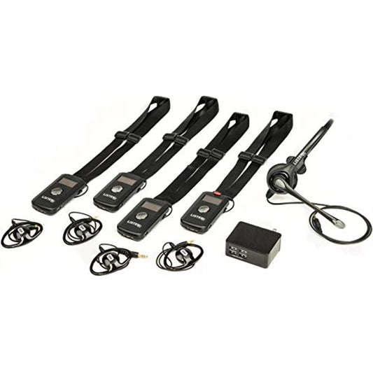 Listen Technologies LKS-1-A1 ListenTALK Base-4 System; Includes: (4) LK-1 ListenTALK Transceivers w/Leader Clips, (1) LA-452 Headset 2 and (1) LA-423 4-Port USB Charger